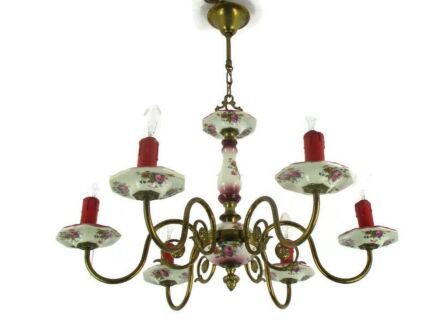 Chandelier 6 Arms Lights Ceramic Porcelain Ceramic Brass Italian Pink Flowers