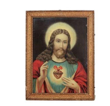 Vintage Wooden Ornate Frame Sacred Heart Jesus Christ Iconic Print antique