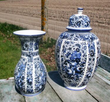 Vintage Delft Blue Pottery Garniture Set Vase Matching Small Urn Marked Delfia