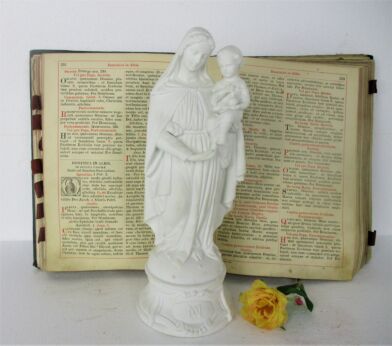 Antique Bisque Porcelain Statue Virgin Our Lady Mary Infant Jesus Gorgeous Marked L&M 13.38"