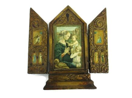 Florentine Wood Traveling Triptych Art Panel Christian Scenes Decorative