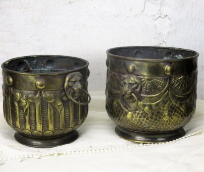 Two Vintage Brass Planters Jardiniere flower pot Ornate Lion Head Rings