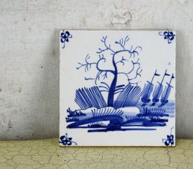 Vintage Blue White Wall Decorative Tile Delft Style Sailing boats Landscape