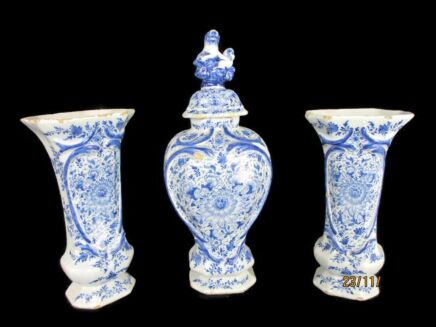 Antique 18th century Delft Blue White Garniture Set Two Vases Urn Lidded Foo Dog extremely rare 3 pieces