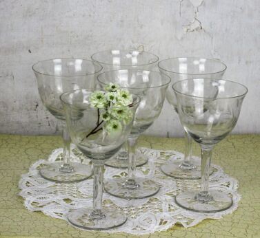 6 antique Large Etched clear glass wine cocktail glasses Coupe stemware Flowers