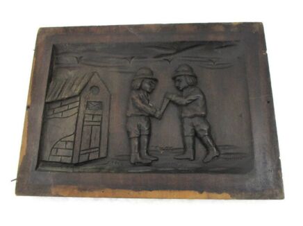 Breughel Scene Outhouse Hand Carved Wood Wall Panel Bas High Relief Tableaux