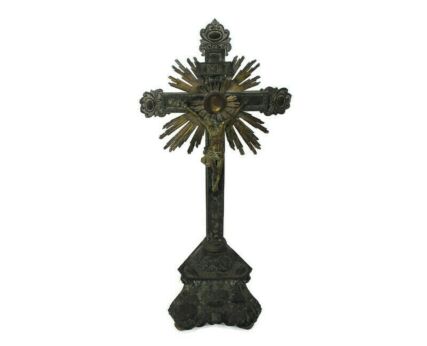 XL Antique Standing Altar Church Crucifix 17th Century Hammered Ornate Brass
