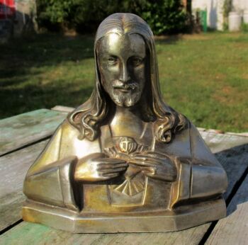 Small Holy Heart Jesus Christ Statuette Bust Spelter signed Dengler Belgium