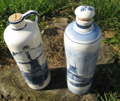 2 Bottles Gin Jug hand Made Holland Bols Signed Delft BLue