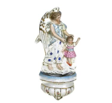 Large Antique Holy Water Font Vessel Angel Little Girl Porcelain HTF 9.05"