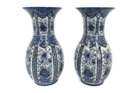 Large Pair Couple Trumpet Vases Delft Holland Blue White Porcelain Marked Hand Painted