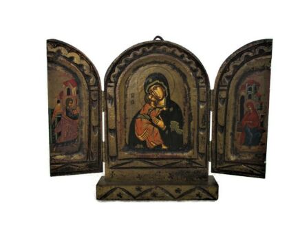 Miniature Triptych Art Panel Traveling Icon Madonna Magnificat Small HTF Collector