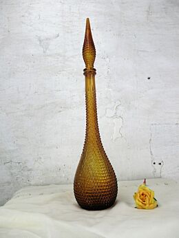 Vintage Italian Empoli Honey Amber Bubble Hobnail Blown Glass Genie Bottle Decanter Teardrop Stopper