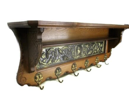 Gothic Vintage Wood Oak Veneer Coat Hat Rack Bacchus Grapes Brass Plaque Ornate