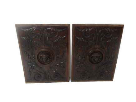 Pair French hand Carved Wood Door Panels Reclaimed Architectural Breughel Head Figurines Lovey