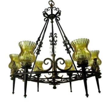 Huge Castle Chandelier 6 Lights Amber Glass Shades Wrought Iron Gold Black