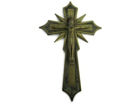 Lovely Vintage Ornate Brass Red Enamel Wall Hanging Crucifix French 13.8"