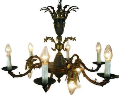 Vintage French Empire Pan Chandelier Green Tole Brass 9 lights Crown Snakes HTF