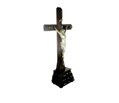 XL Altar Standing Crucifix Corpus Christi Hand Carved Wood Spelter Folk Art