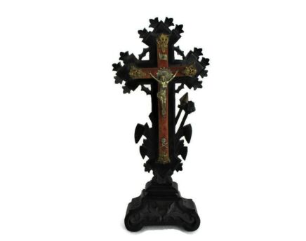 Carved Wood Jesus Christ Table Standing Crucifix Cross tools of Passion Ormolu Trim Pieces