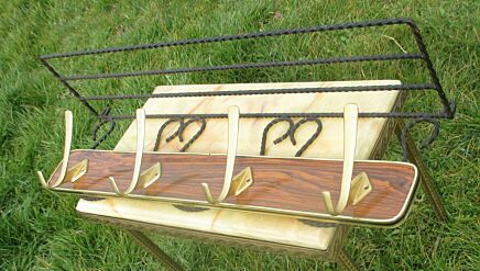 Vintage Mid Century Wood panel Brass Coat Hat Rack Wrought Iron Authentic