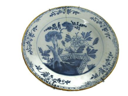 18th Century Delft Wall hanging Charger Plate Blue White Antique Flower Pattern Basket D 13.77" marked porcelain Axe?