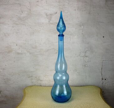 Vintage XL Aqua Blue Glass Genie Bottle Stopper Decanter Blenko Style 24.40"