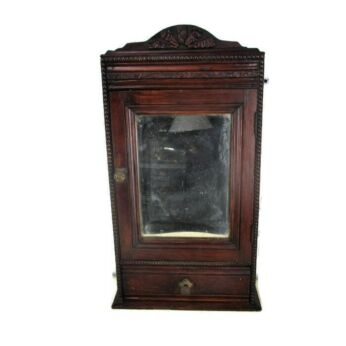 Small Vintage Ornate Wooden Kitchen Apothecary Wall Cabinet Pediment Hobnails