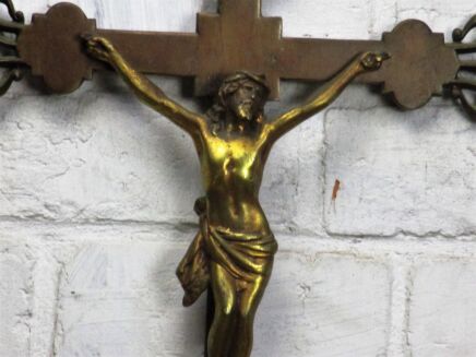 French Hanging Ornate Crucifix Cross Brass Jesus Christ Fleur de Lis WOW 20.47"