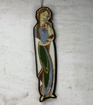 Wall Plaque Hanging Polychrome Ceramic Virgin Mary Infant Child Signed 12.20"