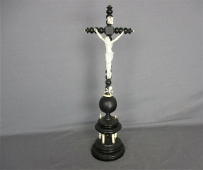 Antique Dark Carved wood Table Standing Crucifix Round Base  Bobbin  Bisque Andenne Porcelain  Corpus