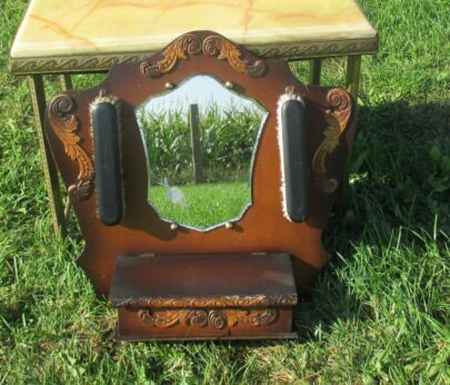 Vintage French Carved Wood Medicine Cabinet Mirror Combs Dish brushes