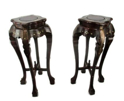 Pair Tall Carved Hard Wood Plant Bonsai Tables Pedestal Inlay Mother of Pearl