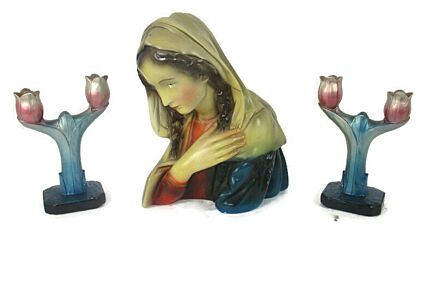 Virgin Mary Madonna Plaster Statue  Bust Plaster  2 Matching Candle Holders Art Deco Gorgeous