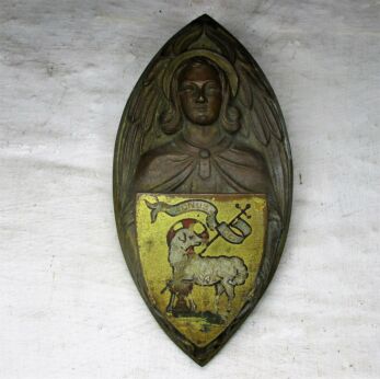 Antique Brass Ornate plaque Church Shield Jesus Christ Lamb of God Collector