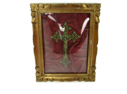 Large Antique Ornate Wooden Plaster Frame Velvet Convex Glass Dome Crucifix