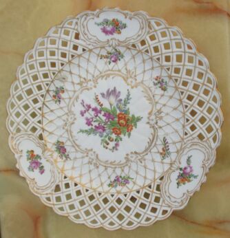 Antique Porcelain Decorative reticulated Meisen Plate Hand painted Floral Motif