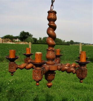 Antique Barley Twist Wooden Chandelier carved Wood 6 arm lamp