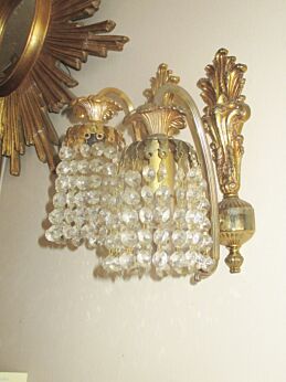 Antique Italian Petite Empire Brass Prisms Chandelier Sconce Wall Lamps pair