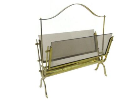 Vintage  Brass Lucite Modernist Magazine Newspaper Basket Rack