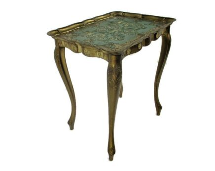 Italian Florentine Hollywood Regency Wood Stacking Nesting Side Coffee Table Hard Plastic Gold Green