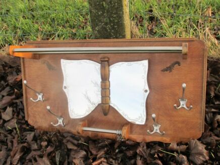 Vintage Wooden Coat Hat Rack Butterfly Glass Ornate Mirror Art Deco