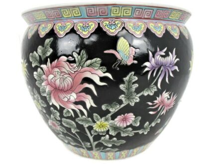 Vintage Chinese Porcelain Enamel Famille Rose Koi Fish Bowl Planter Vase  Cachepot Flowers Black Flowers  Stunning