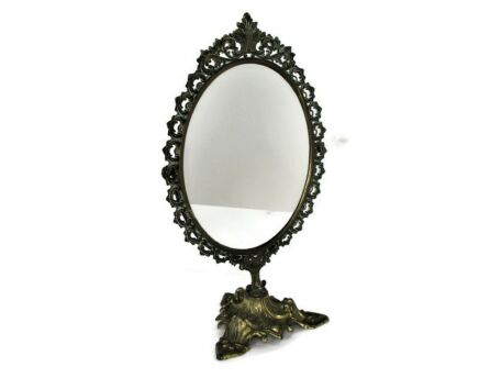 Ornate Brass Standing Adjustable Swivel Makeup Vanity Mirror Rococo Victorian