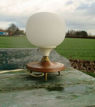 Vintage Mid Century Wood Brass Teak Tripod Ball Table Desk Lamp Danish ModernStyle