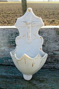 Small Vintage French White Porcelain Holy Water Font Crucifix Wall Hanging