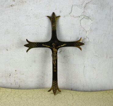 Small vintage Hanging Crucifix Jesus Christ Brass Copper Ornate French 11.02"