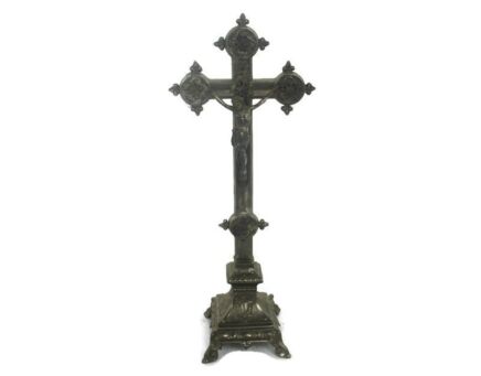 Vintage  Standing Table Crucifix Cross Calvary Jesus Christ Mid Century Modern Spelter