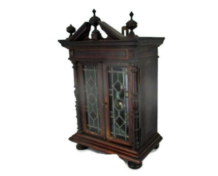 Small Kitchen Apothecary Bathroom Cabinet Leaded Glass Hand Carved Wood Pediment