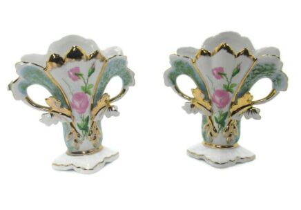 Pair Couple Vintage Porcelain Bisque Fan Flair Vases Flower Motif Beautiful Decorative  7.28"